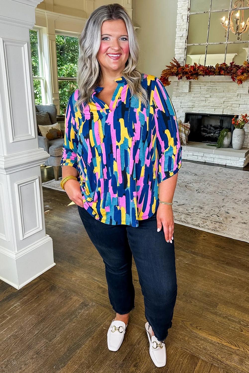 Blue Plus Size Brushstroke Print 3/4 Sleeve Blouse - L & M Kee, LLC