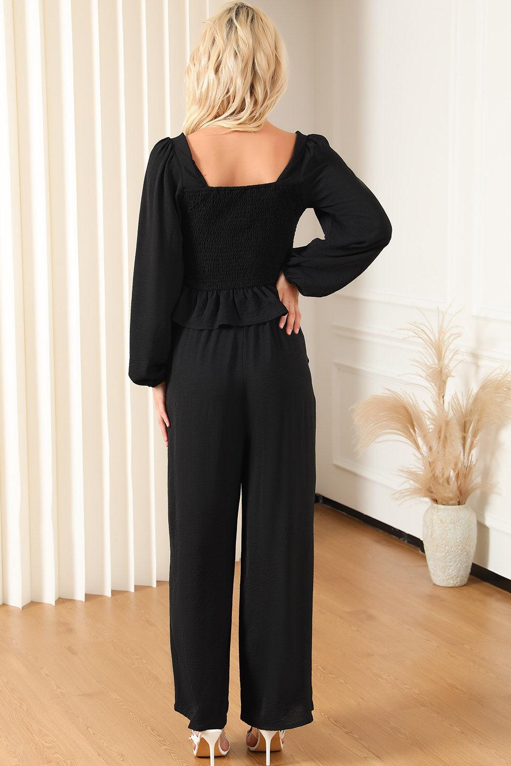 Black Square Neck Smocked Peplum Top and Pants Set - L & M Kee, LLC