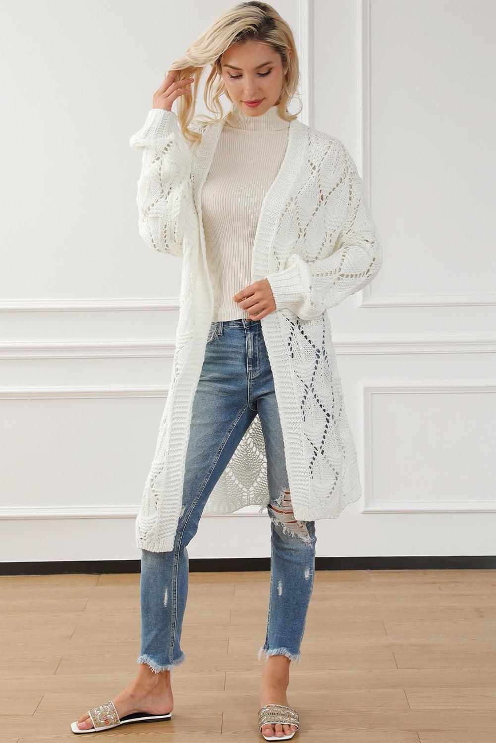 White Rhombus Hollowed Knit Open Front Cardigan - L & M Kee, LLC