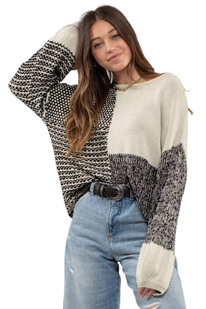 Black Neutral Colorblock Tie Back Sweater - L & M Kee, LLC