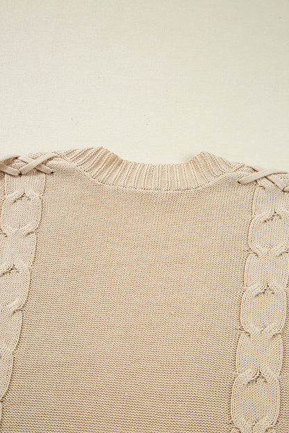 Parchment Cable Knit Braided Tie Sleeve Plus Size Open Cardigan