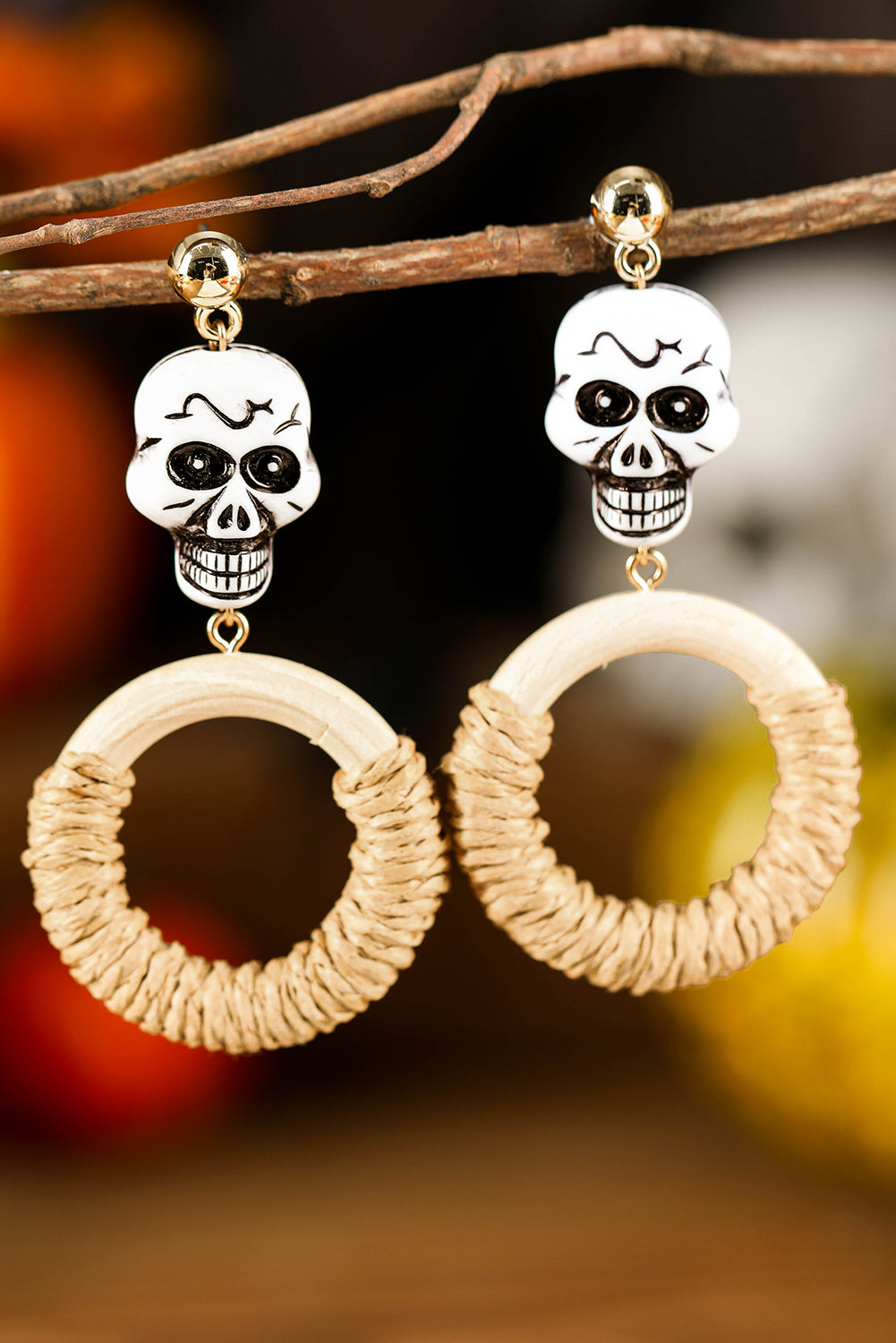 Light French Beige Halloween Skull Straw Ring Dangle Studded Earrings