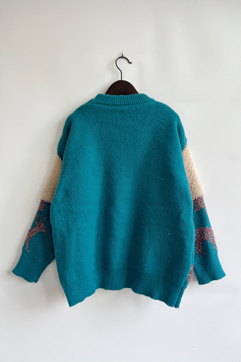 Peacock Blue Sequin Fuzzy Christmas Tree Tinsel Elk Drop Shoulder Sweater