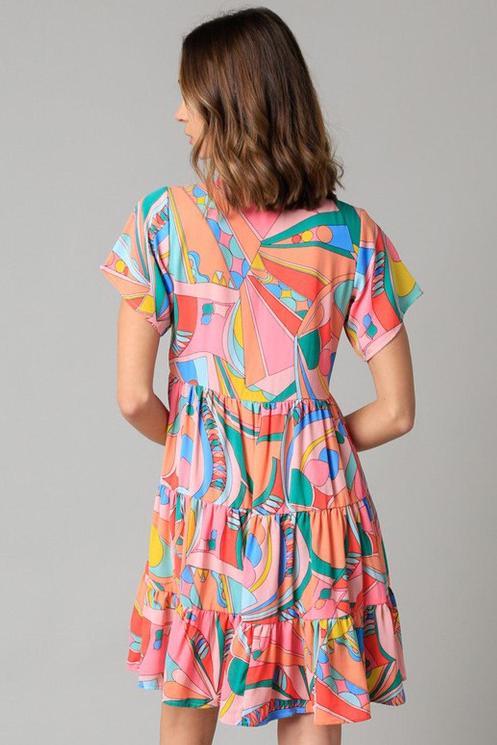 Multicolor Geometric Abstract Print Long Sleeve Shirt Dress - L & M Kee, LLC