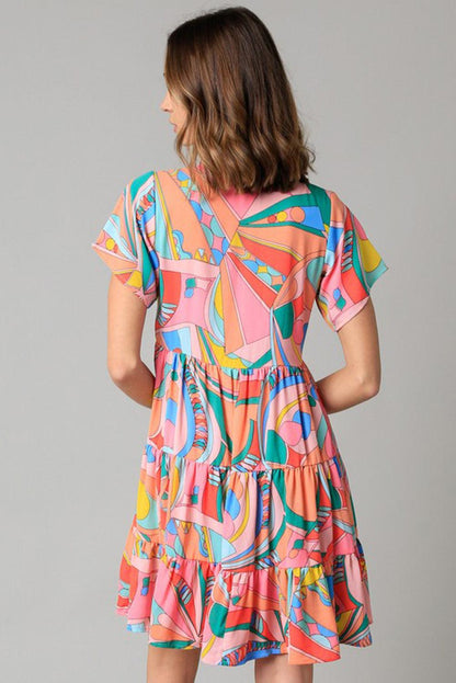 Multicolor Geometric Abstract Print Long Sleeve Shirt Dress - L & M Kee, LLC