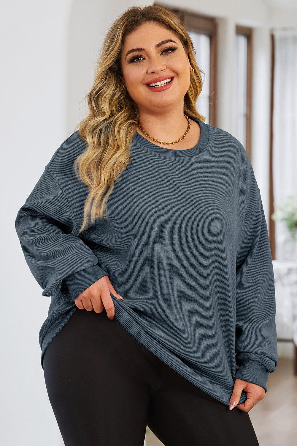 Blue Plus Size Corded Round Neck Sweatshirt - L & M Kee, LLC