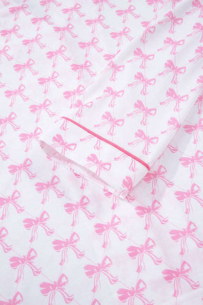 Pink Bow Print Long Sleeve Shirt and Pants Soft Pajama Set