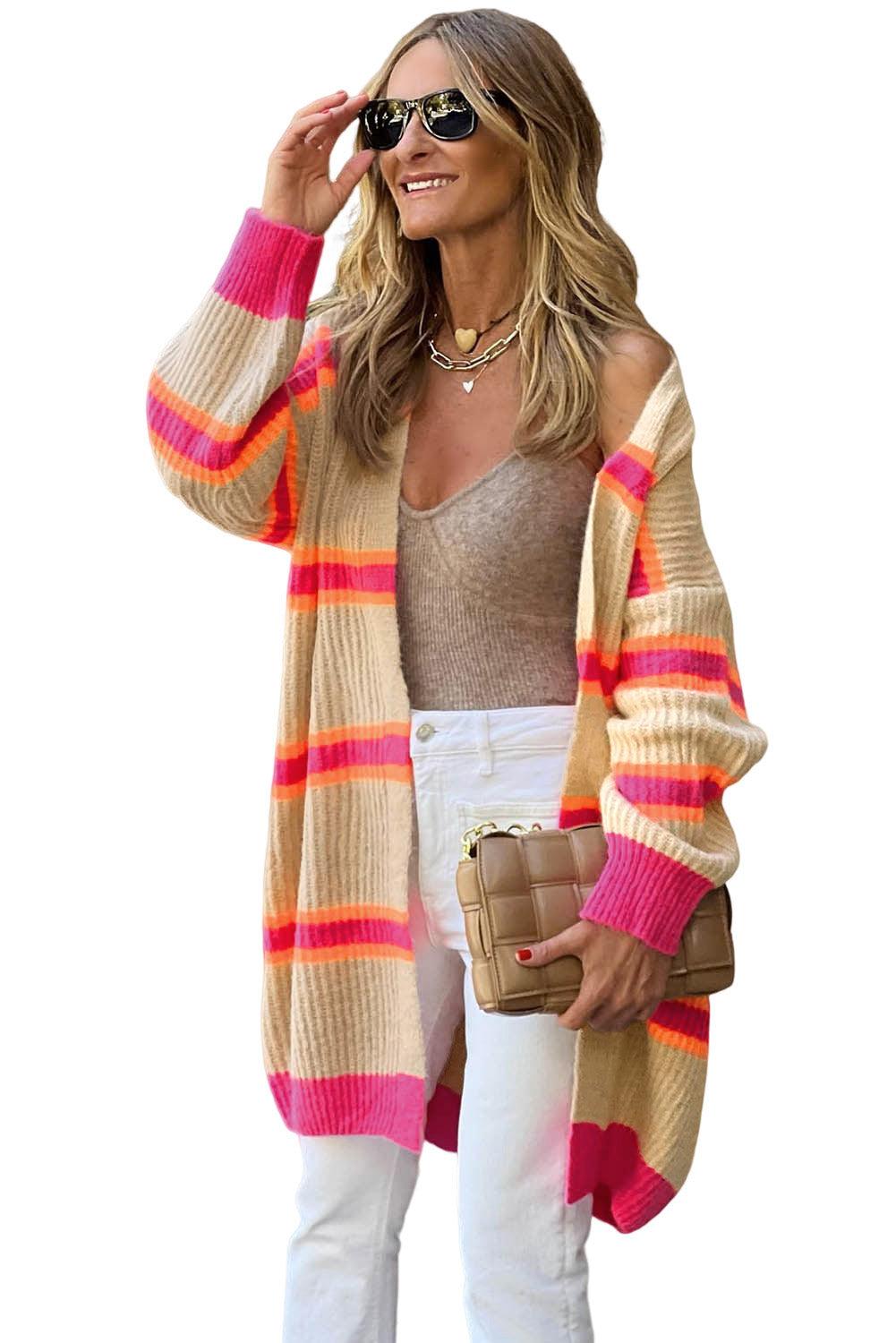 Stripe Printed Ribbed Long Knitted Cardigan - L & M Kee, LLC