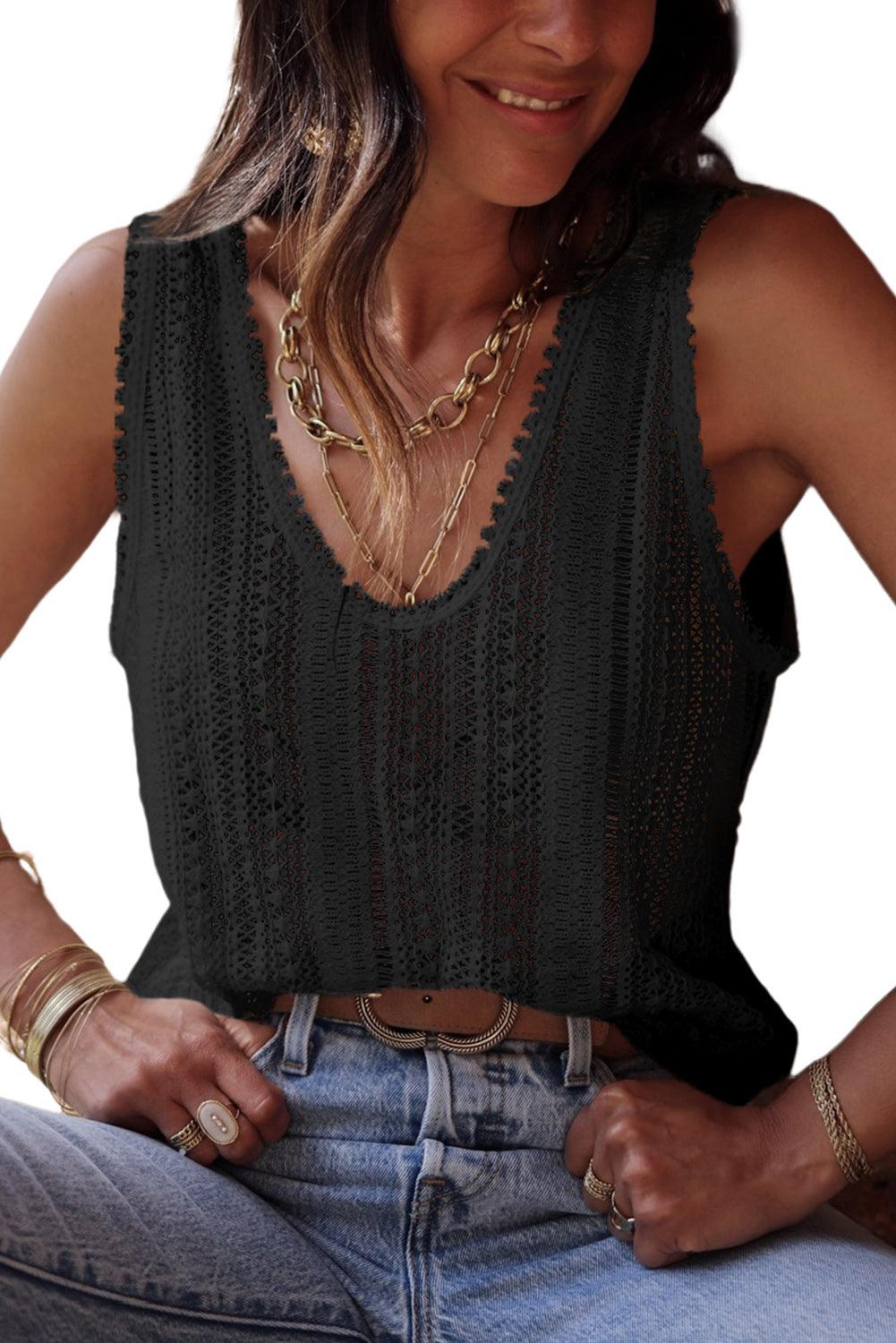 Black Lace Crochet Open Back U Neck Tank Top - L & M Kee, LLC