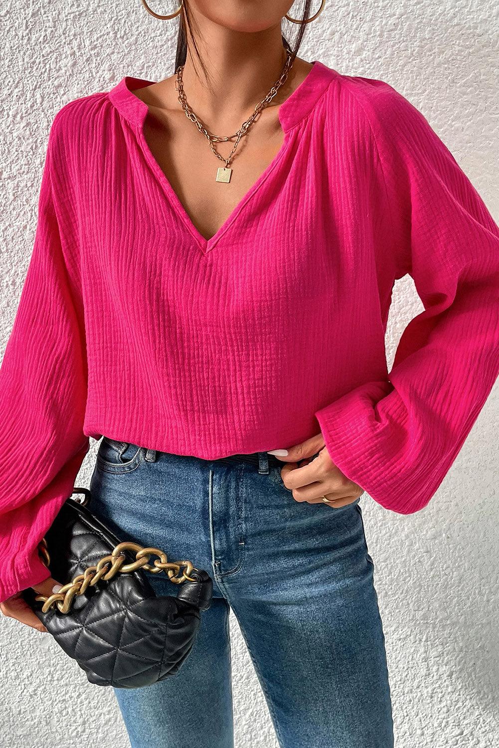 Crinkle Split Neck Puff Sleeve Blouse - L & M Kee, LLC