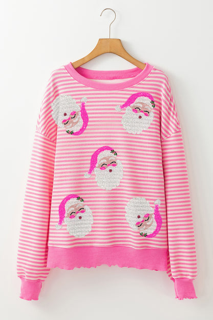 Pink Stripe Santa Clause Print Drop Shoulder Long Sleeve Loose Top