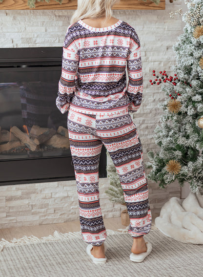 Black Retro Christmas Pattern Loose Pullover 2pcs Lounge Pant Set