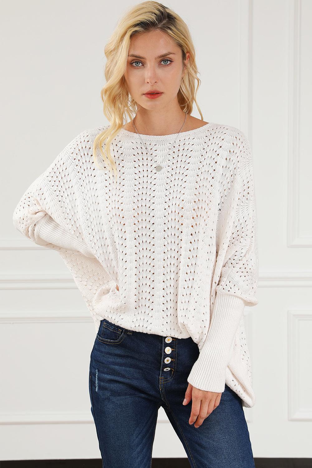 Beige Ribbed Hollow Knit Dolman Sleeve Sweater - L & M Kee, LLC