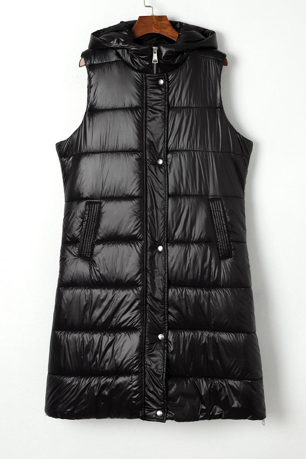 Black Hooded Long Quilted Vest Coat - L & M Kee, LLC