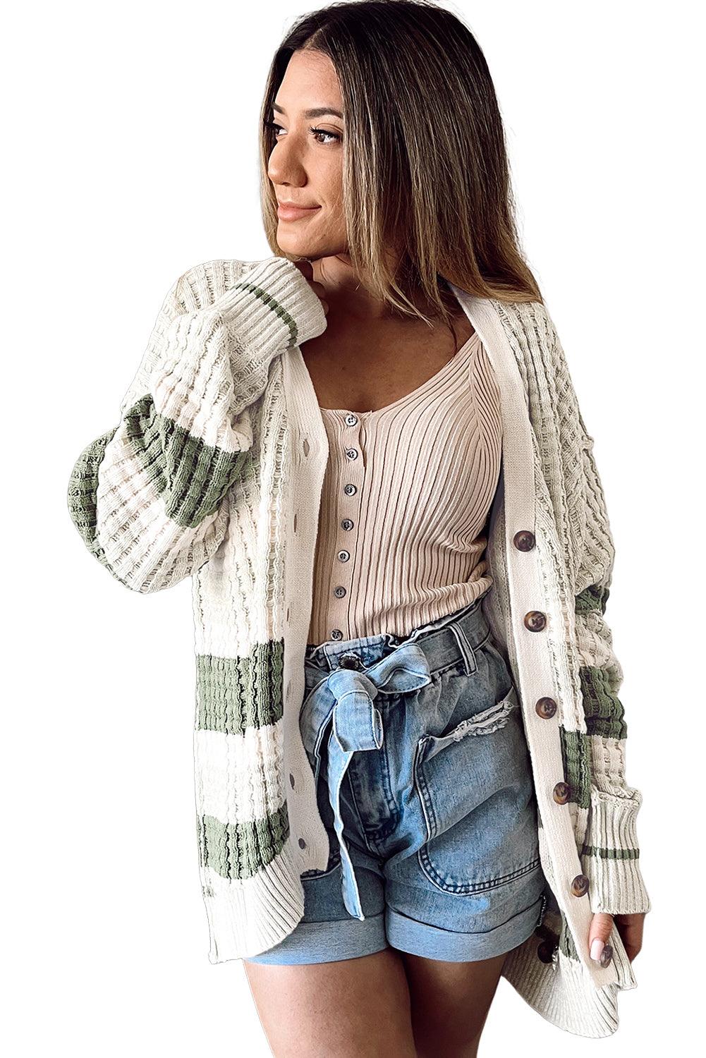 Green Colorblock Textured Knit Buttoned Cardigan - L & M Kee, LLC