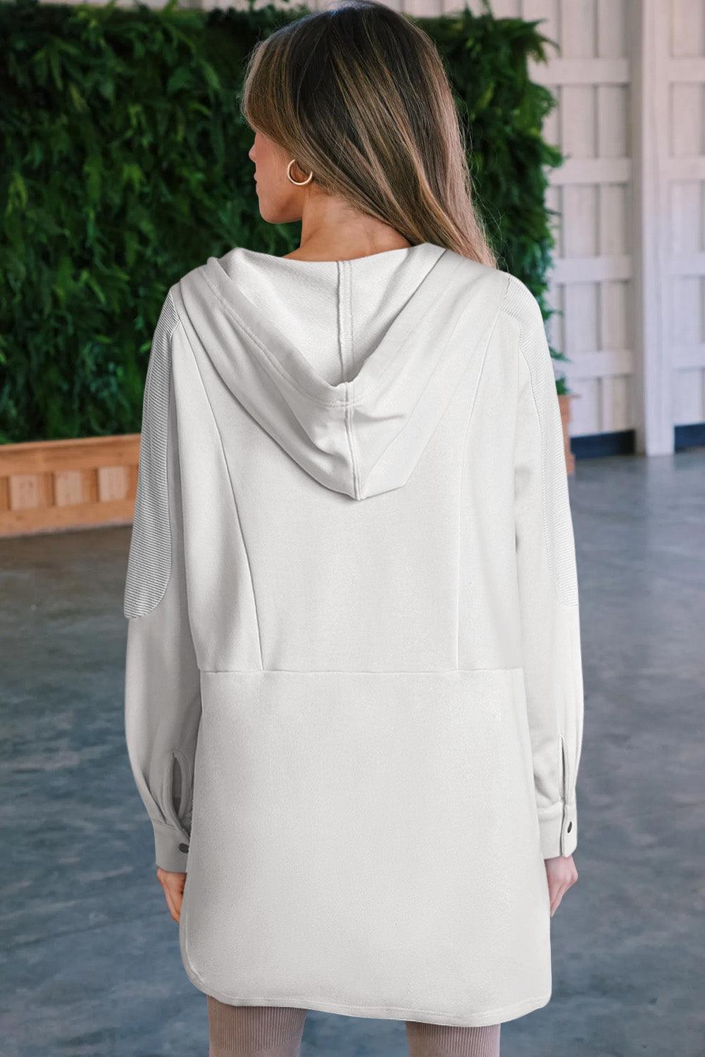 White Patchwork Side Pockets Oversized Henley Hoodie - L & M Kee, LLC