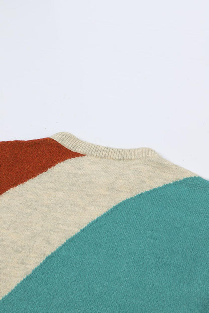 Multicolor Colorblock Ribbed Trim Round Neck Sweater - L & M Kee, LLC