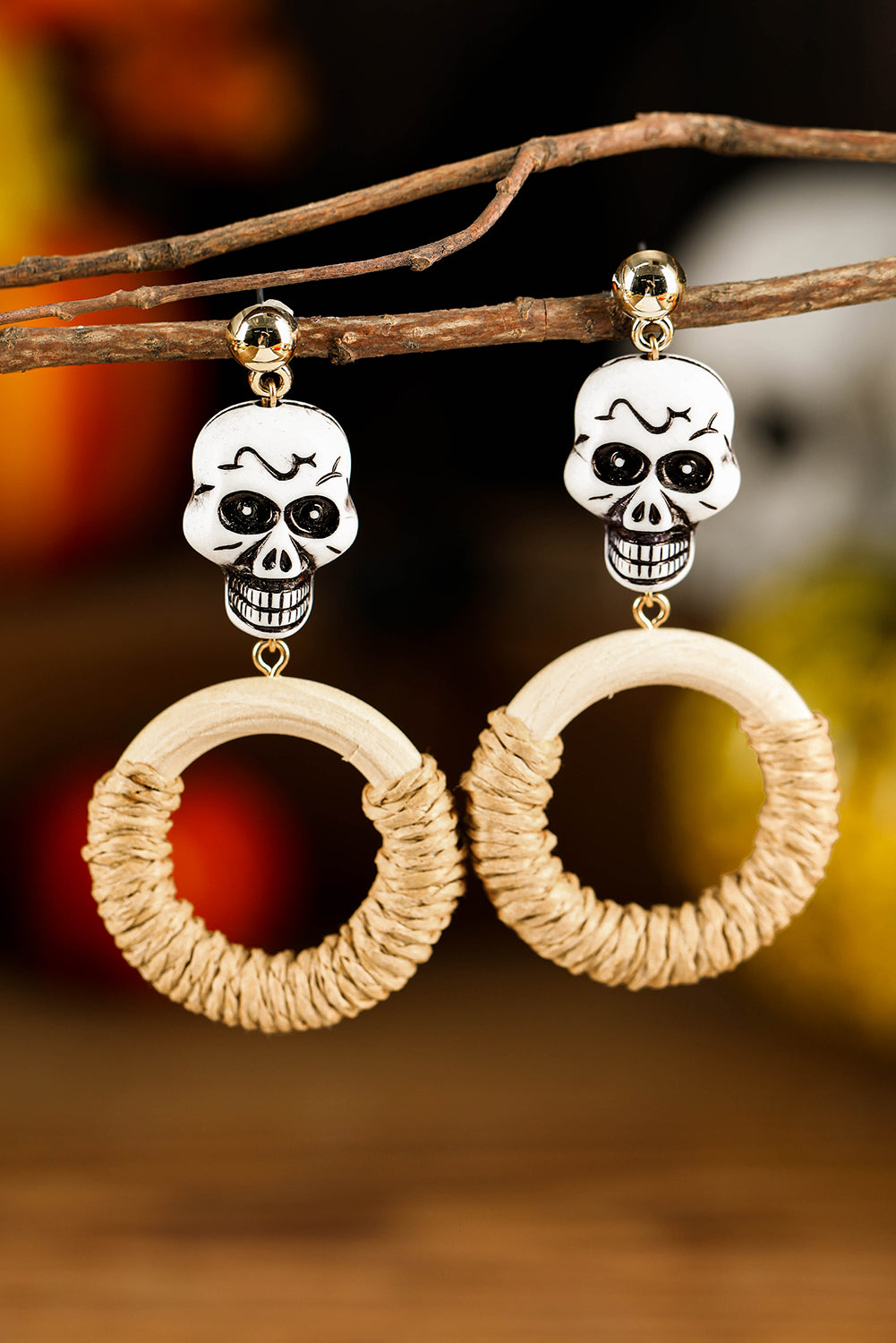 Light French Beige Halloween Skull Straw Ring Dangle Studded Earrings