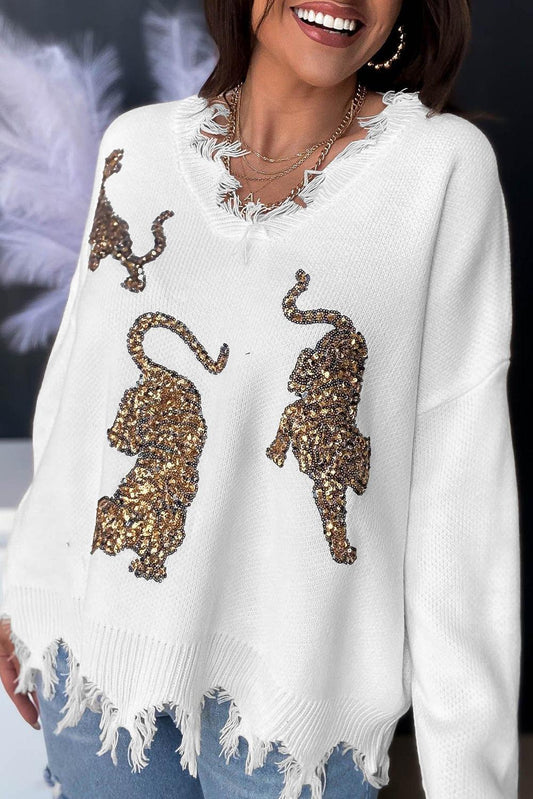 White Frayed Sequin Tiger Sweater - L & M Kee, LLC