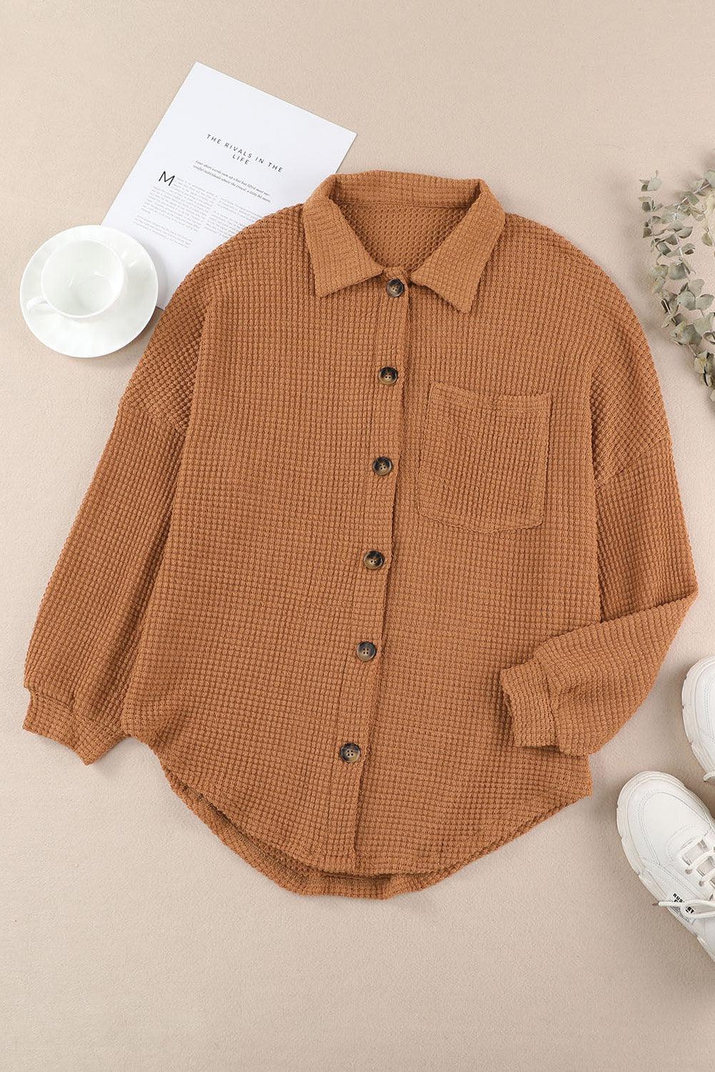 Brown Waffle Knit Button Up Casual Shirt - L & M Kee, LLC