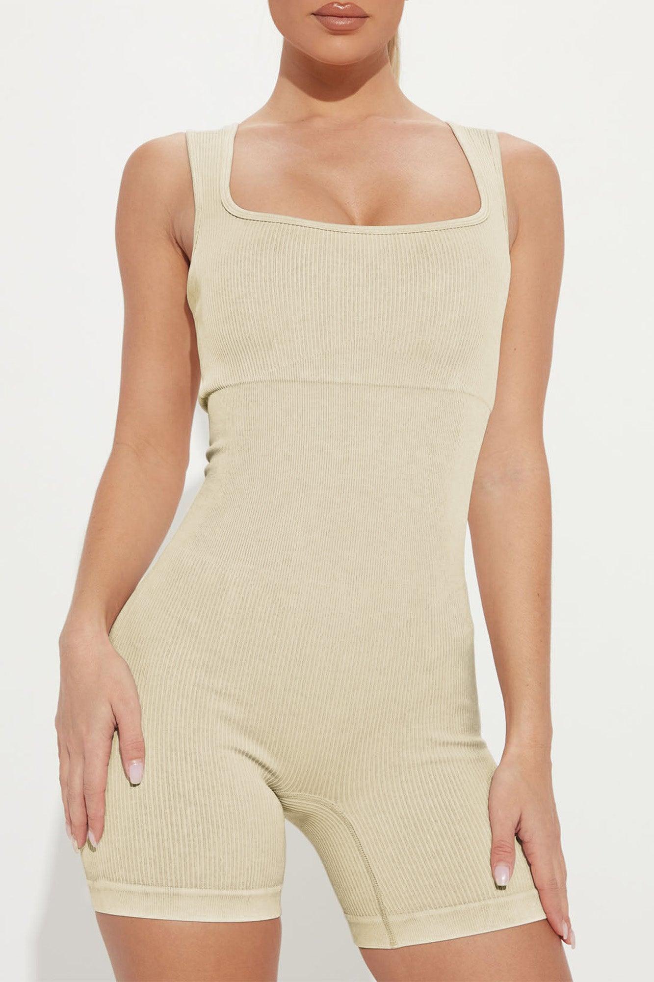 Gray Ribbed Square Neck Padded Sports Romper - L & M Kee, LLC