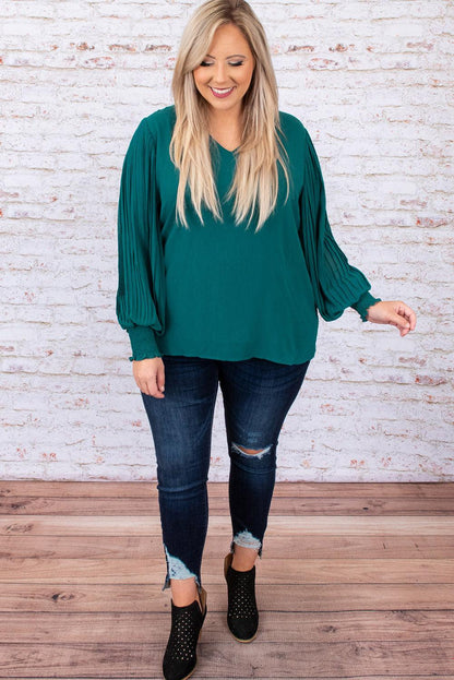 Green Pleated Bubble Sleeve Plus Size Blouse - L & M Kee, LLC
