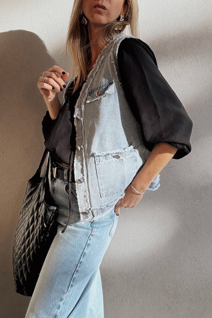 Beau Blue Frayed Edge Flap Pockets Denim Vest Jacket