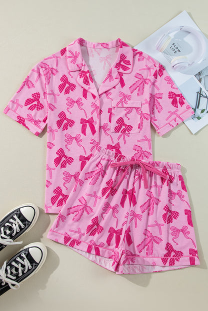 Pink Bow Print Half Sleeve Shirt and Shorts Pajamas Set