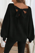 Black Ribbed Knit Ribbon Knot Backless Drop Shoulder Sweater