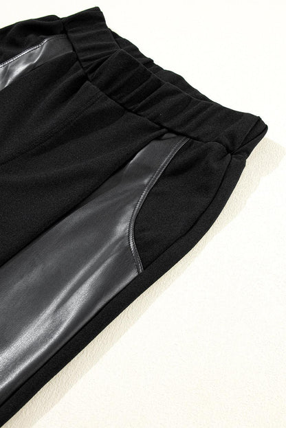 Black Leather Panel Patchwork High Waist Leggings - L & M Kee, LLC