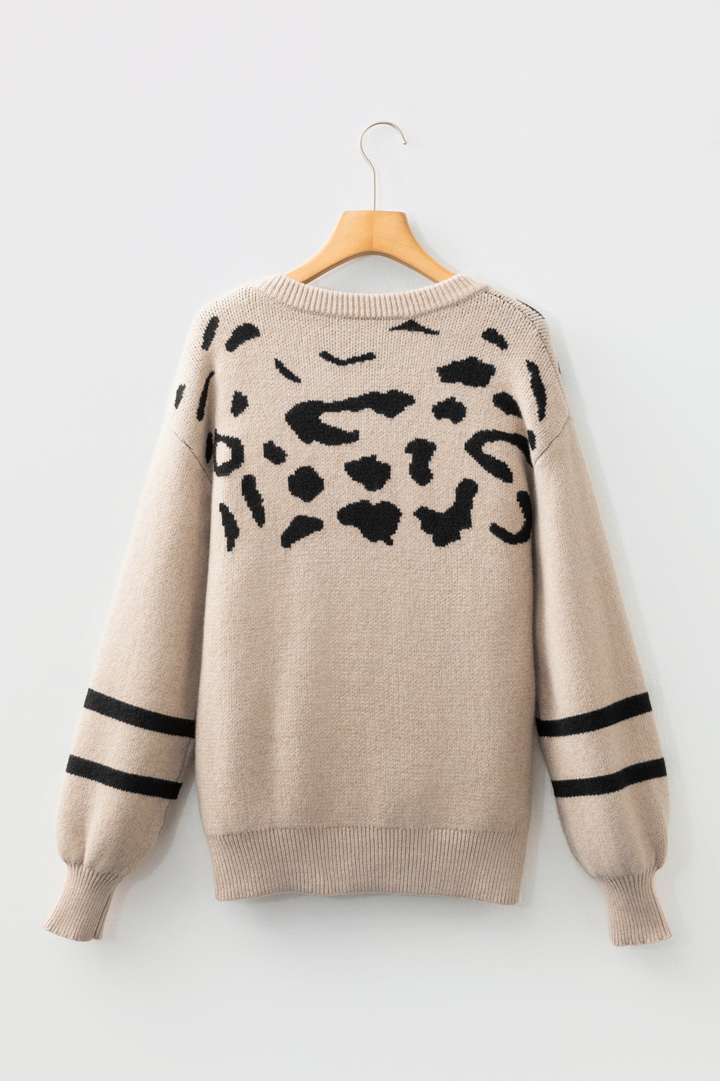 Khaki Leopard Striped Detail Drop Shoulder Sweater