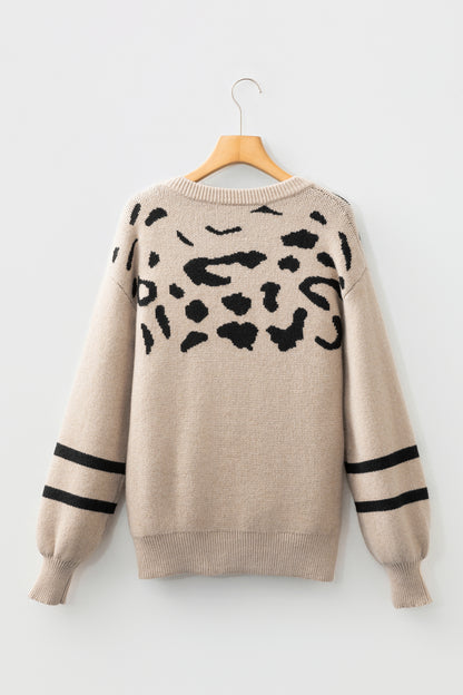 Khaki Leopard Striped Detail Drop Shoulder Sweater