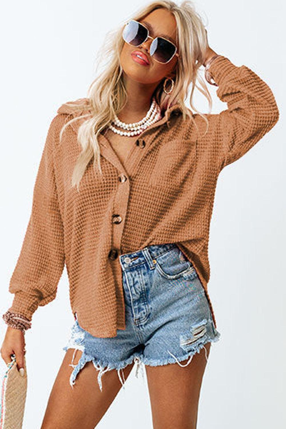 Brown Waffle Knit Button Up Casual Shirt - L & M Kee, LLC