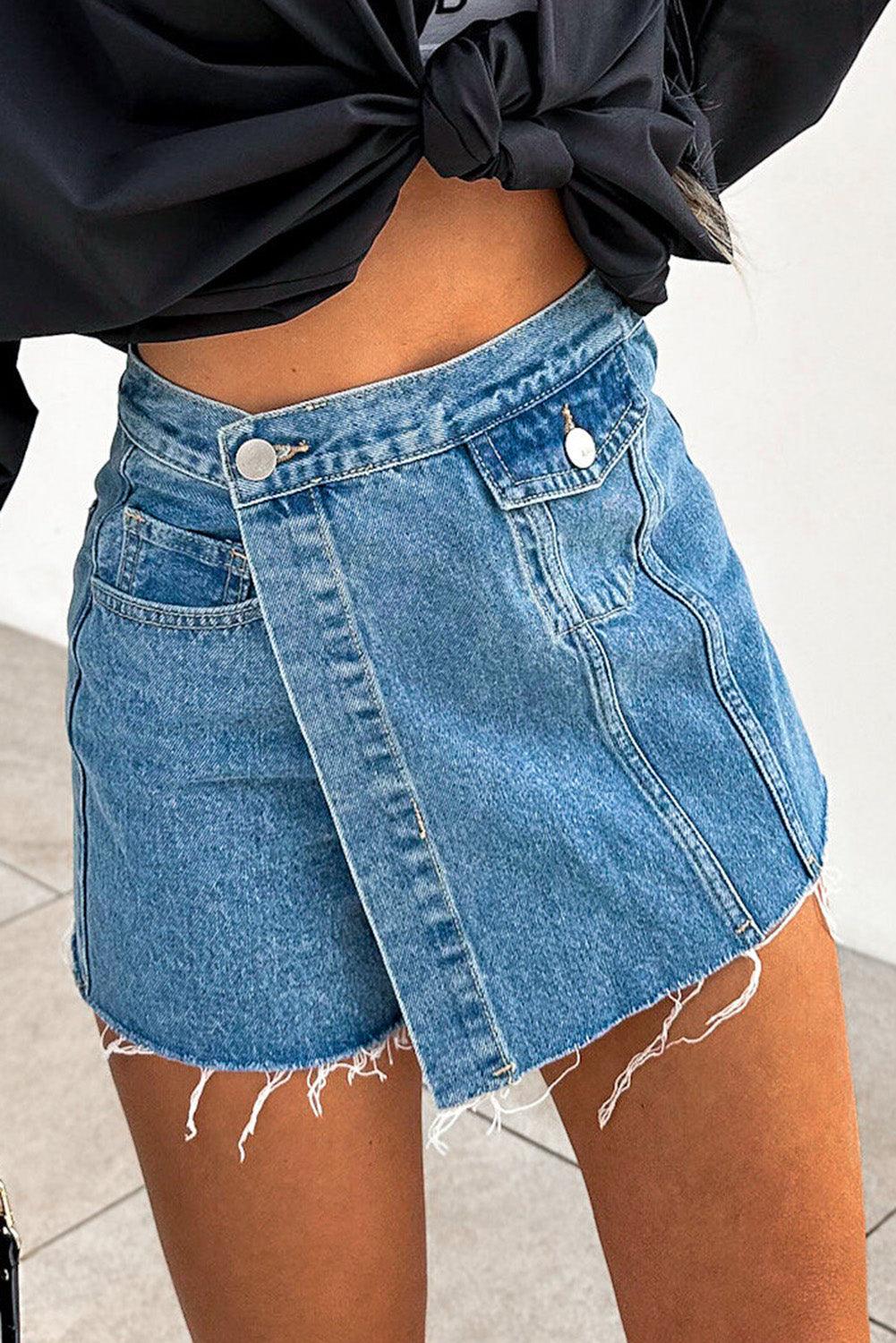 Sky Blue Button Wrap Over Raw Hem Denim Shorts - L & M Kee, LLC