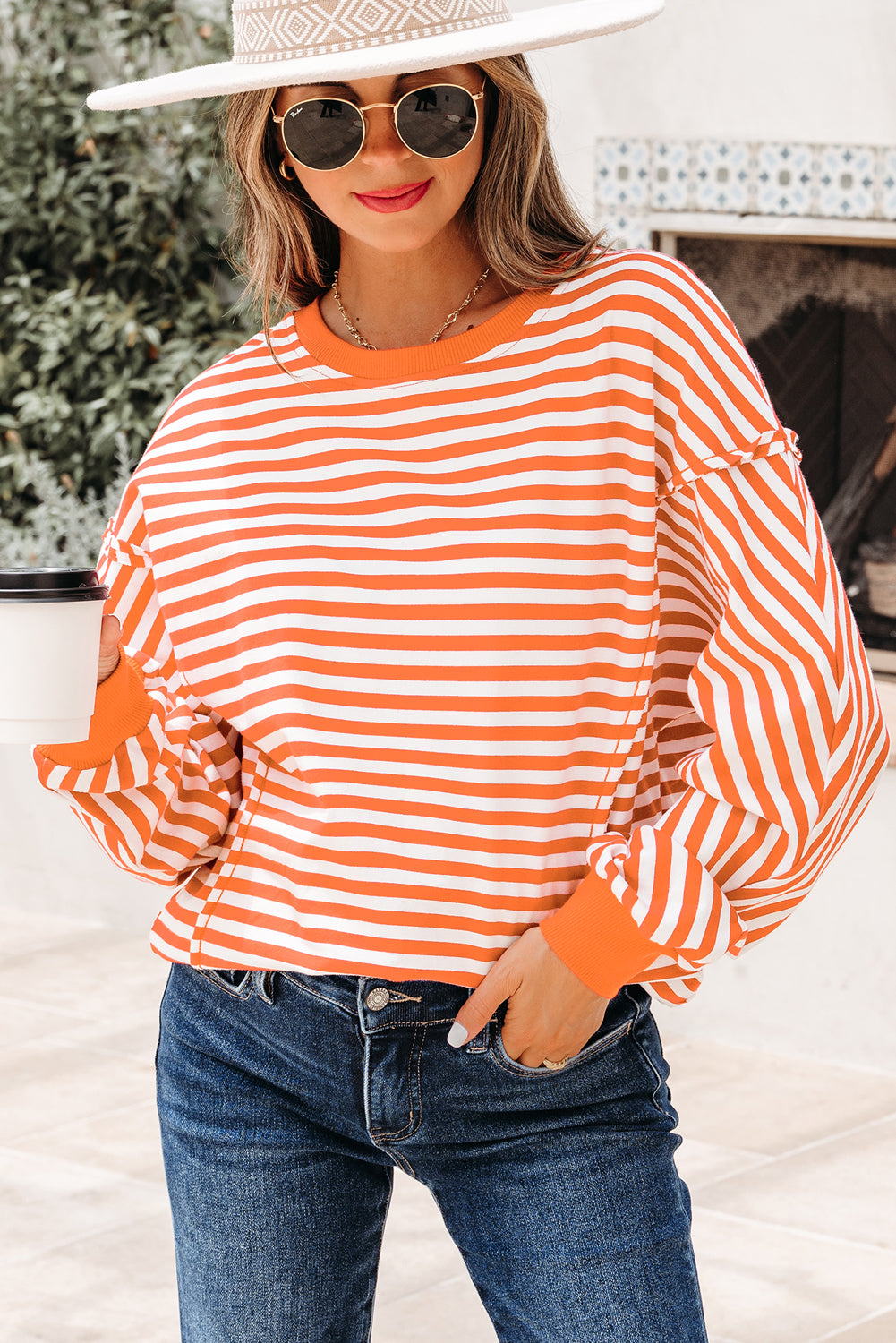 Orange Stripe Exposed Seam Drop Shoulder Casual Pullover Top