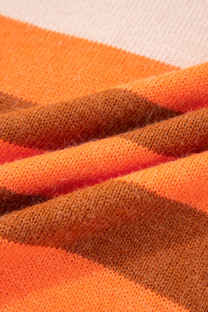 Orange Stripe Color Block High Neck Drop Shoulder Cozy Sweater