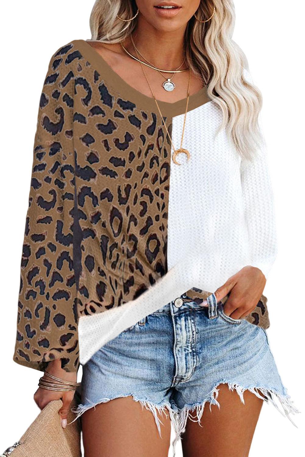 Brown Leopard Contrast Waffle Knit Twist Hem V Neck Top - L & M Kee, LLC