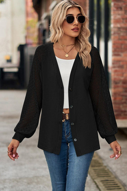 Waffled Knit Lace Long Sleeve Buttoned Cardigan - L & M Kee, LLC