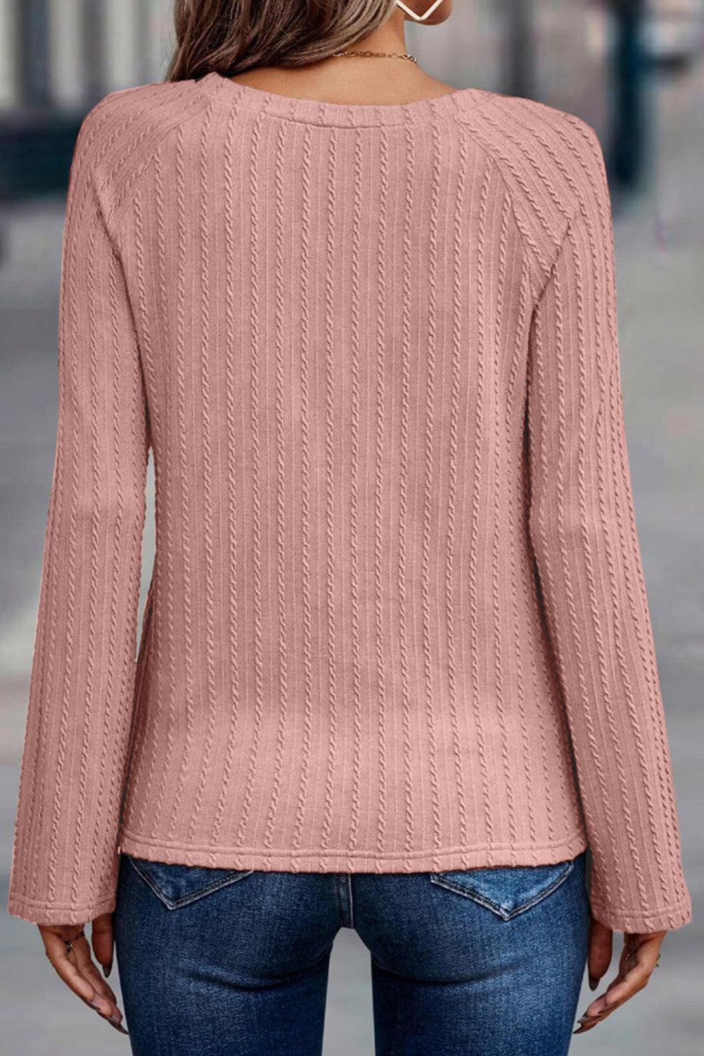 Pink Ribbed Round Neck Knit Long Sleeve Top - L & M Kee, LLC