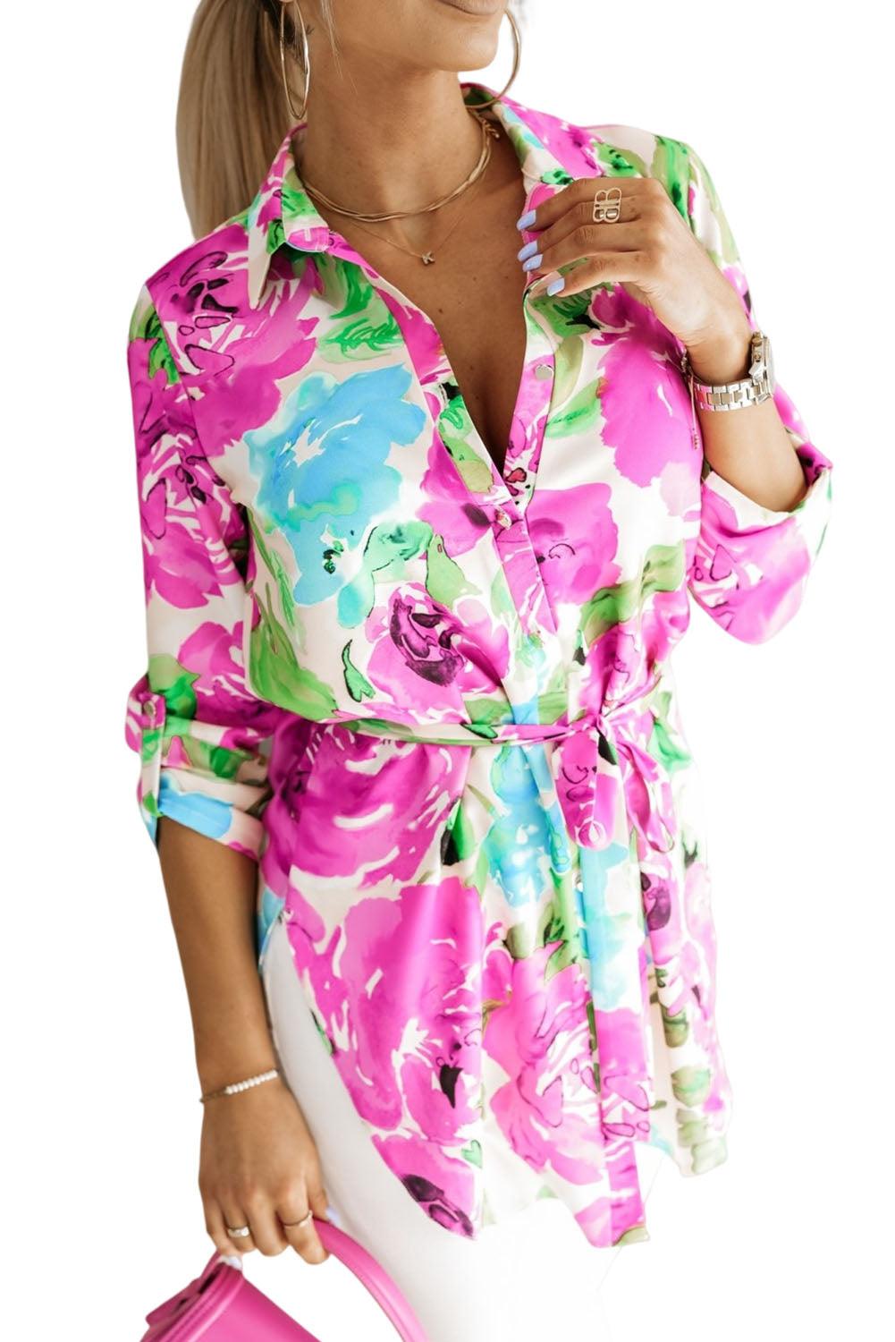 Purple Floral Print Lace-up Roll Tab Sleeve Tunic Shirt