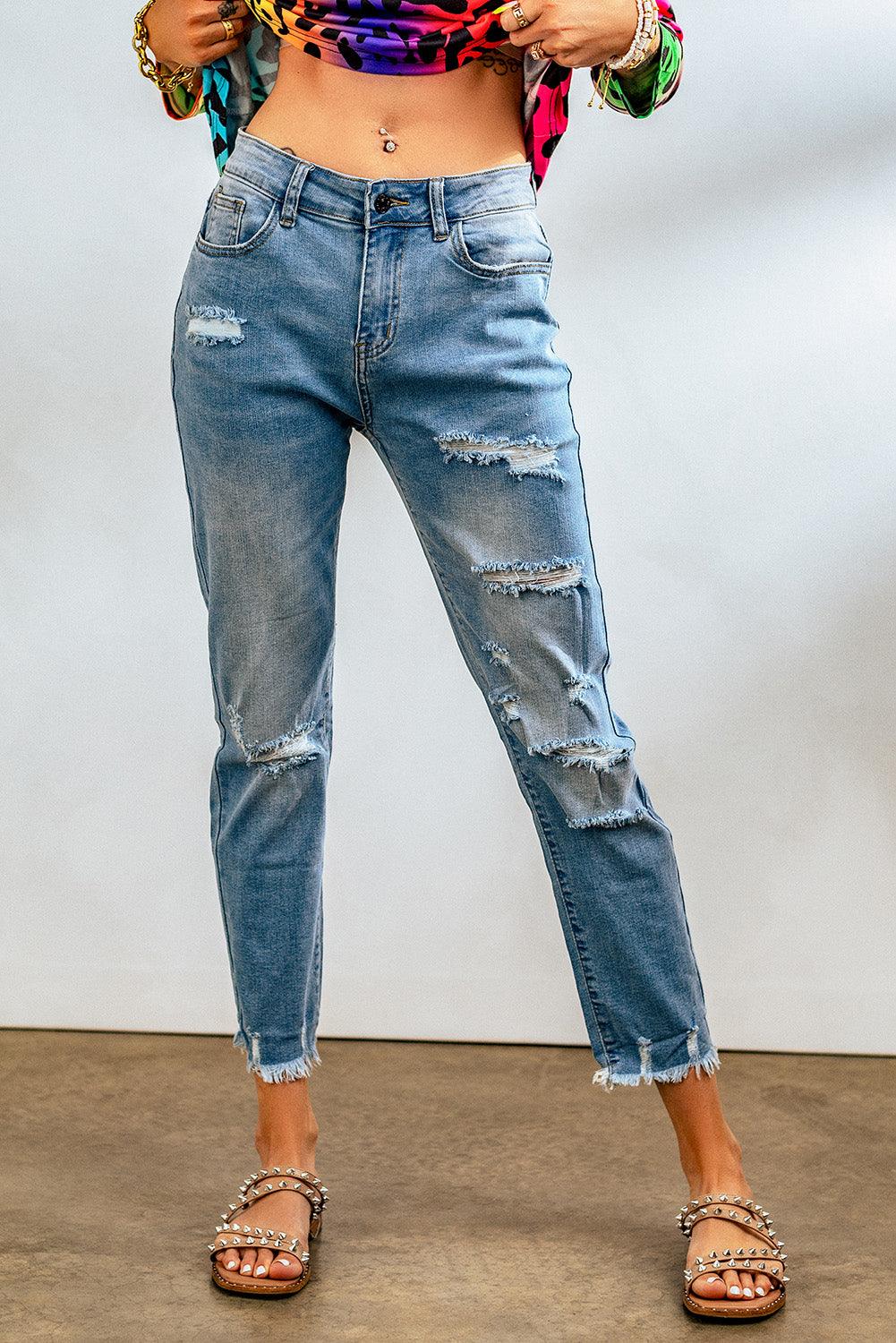 Light Blue Distressed Boyfriend Denim Pants - L & M Kee, LLC