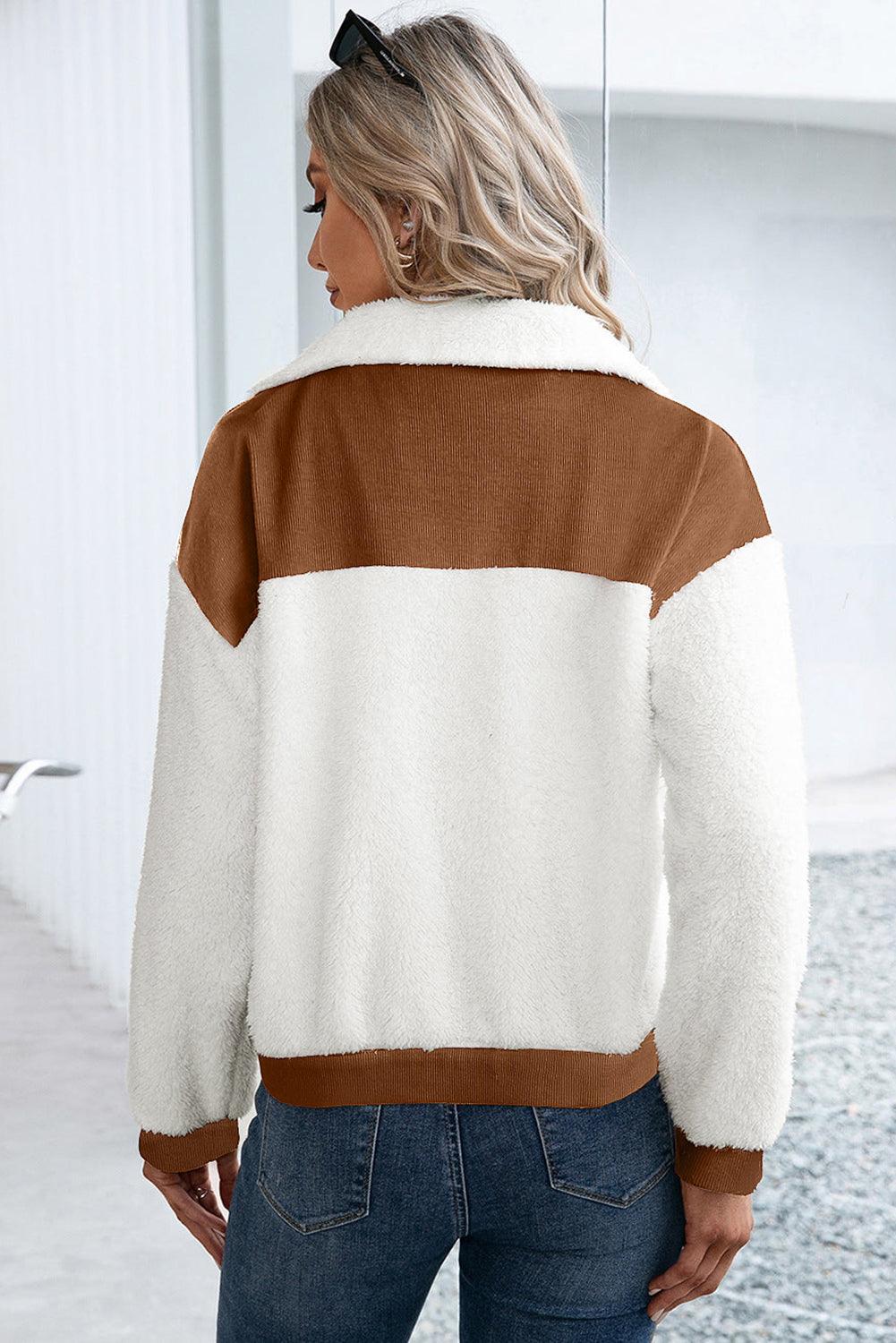 Chestnut Corduroy Color Block Contrast Patchwork Fuzzy Jacket - L & M Kee, LLC