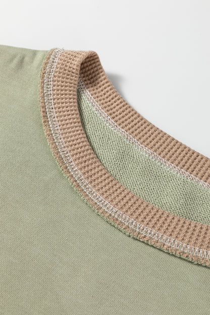 Smoke Green Color Block Mix Texture Waffle Patchwork Oversize Sweatshirt