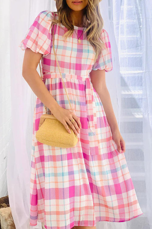 Pink Checkered Puff Sleeve Belted Midi Dress - L & M Kee, LLC