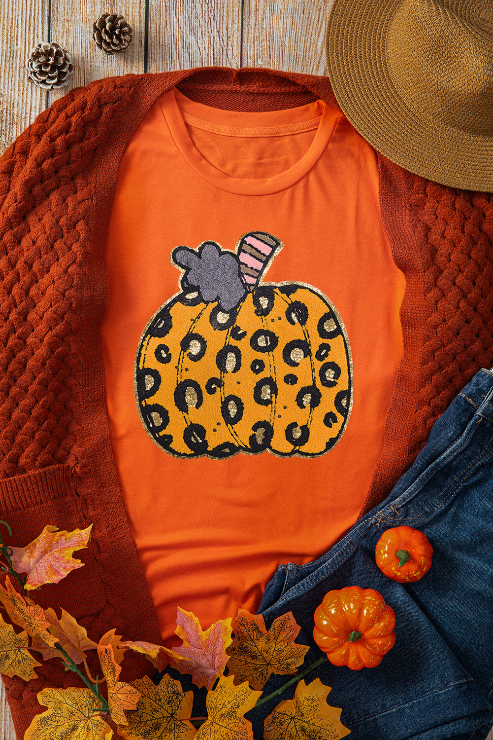 Orange Halloween Leopard Pumpkin Crew Neck Graphic Tee