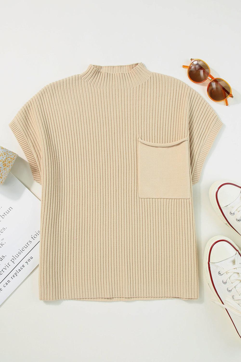 Oatmeal Patch Pocket Ribbed Knit Short Sleeve Sweater - L & M Kee, LLC