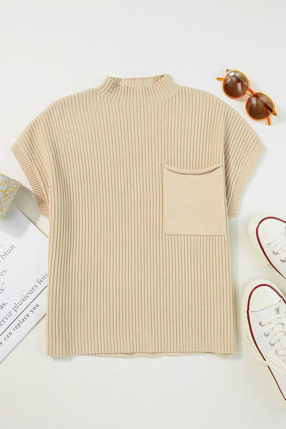 Oatmeal Patch Pocket Ribbed Knit Short Sleeve Sweater - L & M Kee, LLC