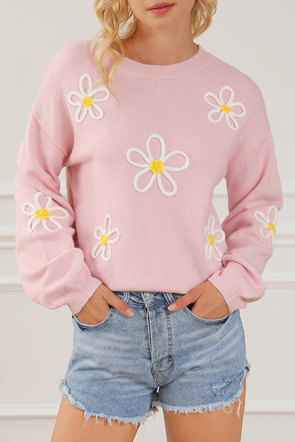 Pink Chenille Daisy Stitching Crew Neck Sweater - L & M Kee, LLC