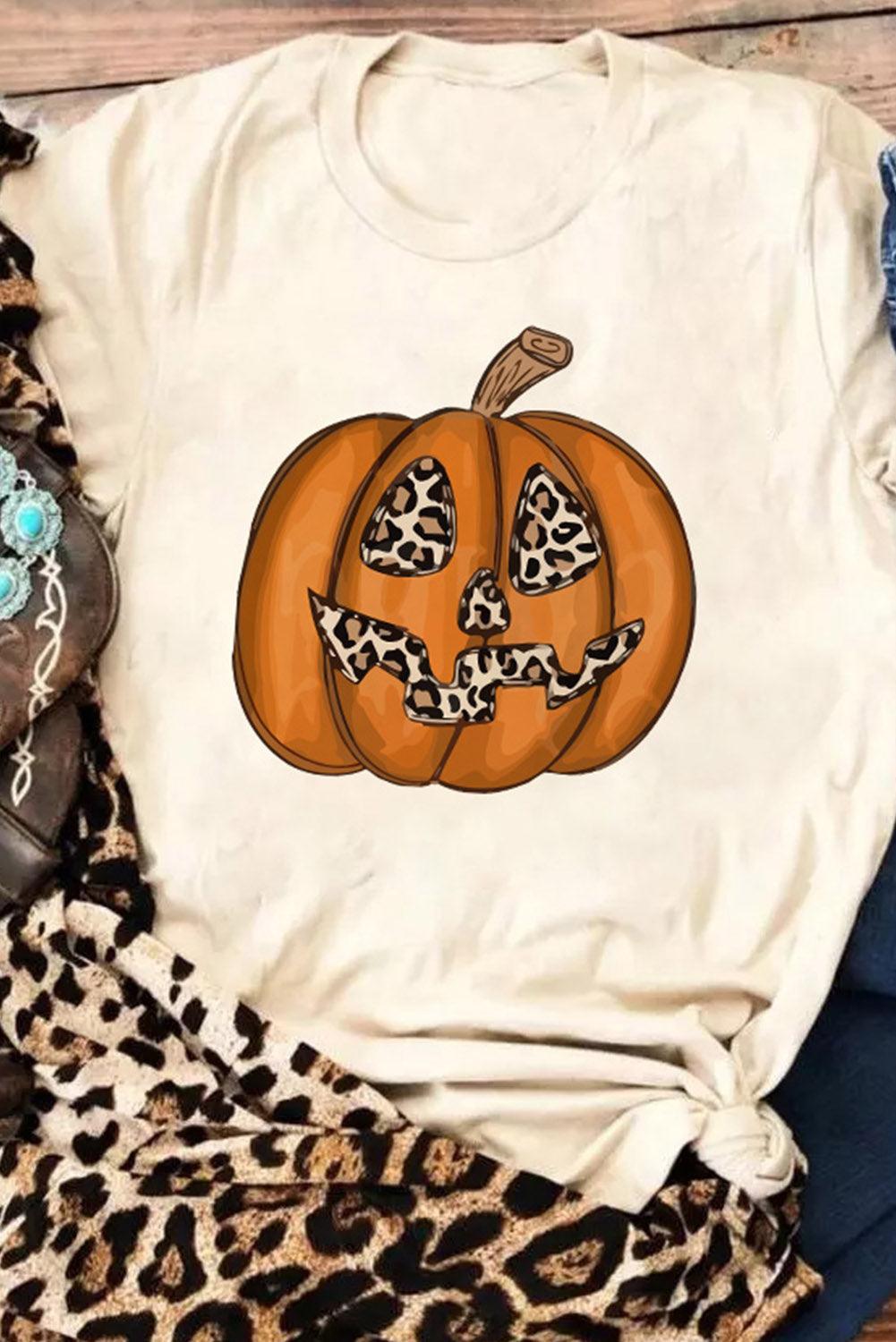 Khaki Halloween Leopard Pumpkin Print T Shirt - L & M Kee, LLC