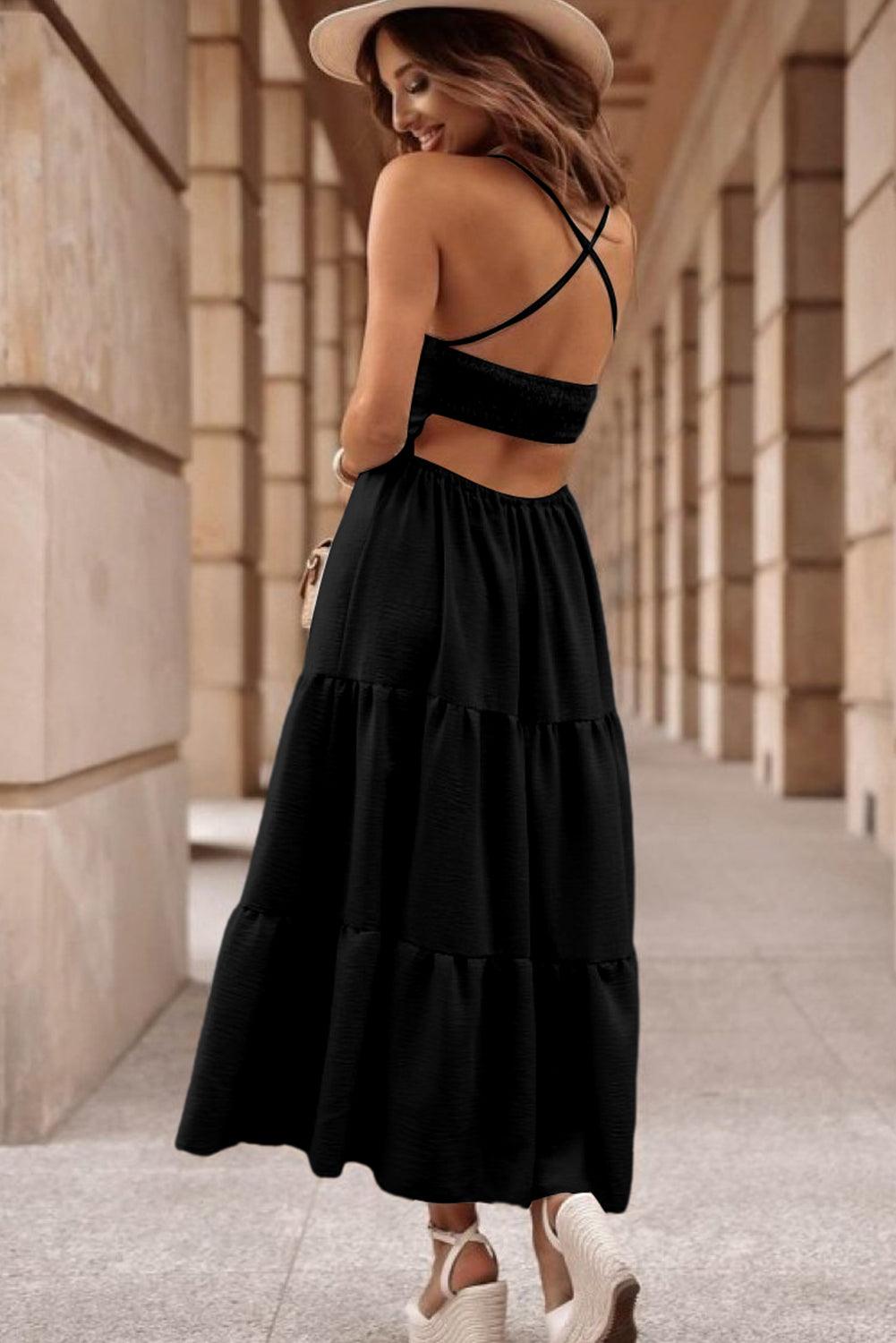 Black Crossover Backless Bodice Tiered Maxi Dress - L & M Kee, LLC